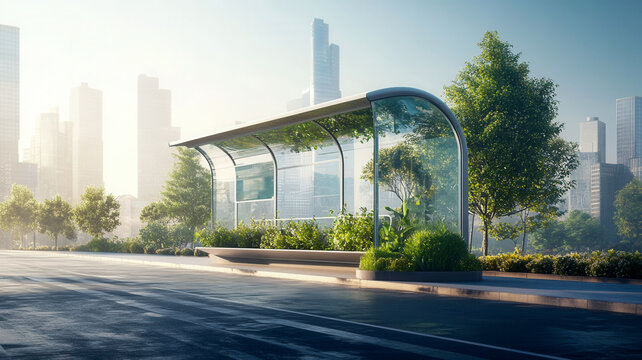 Eco-friendly bus stop shelter in a futuristic high-tech cityscape. Vegetation and sustainable materials for innovative use of public transport.