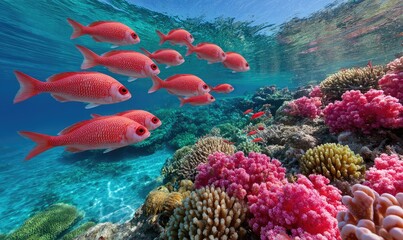 Fototapeta premium a school of red fish swim over a coral reef in the sea