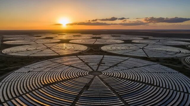 Aerial view of concentrated solar power plant at sunset, showcasing renewable energy technology