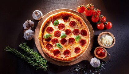 delicious pepperoni pizza topped with fresh herbs and melted cheese on wooden board near tomatoes and garlic