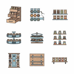 Fototapeta premium Set of colorful spice rack and kitchen organizer icons.