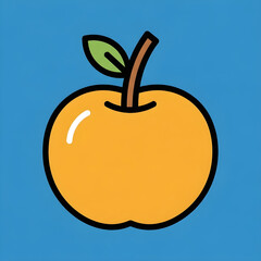 Simple hand drawn orange apple with green leaf and brown stem on a vibrant blue background