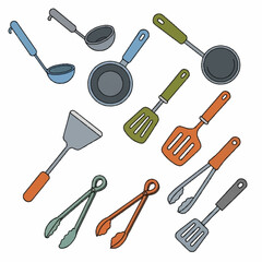 A colorful hand drawn set of various kitchen utensils.