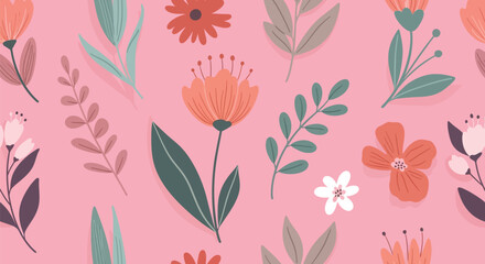 Delightful floral pattern with playful botanical elements on blush pink, ideal for vibrant spring designs and charming creative projects, adding a touch of joy