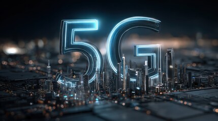 Giant blue glowing 5G sign hovers over a detailed futuristic cityscape at night