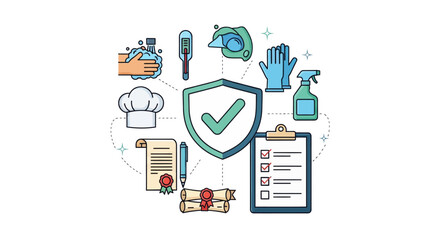Ensuring restaurant safety and cleanliness with hygiene protocols, certified staff, and health inspection checklists, a modern, professional, and trustworthy concept