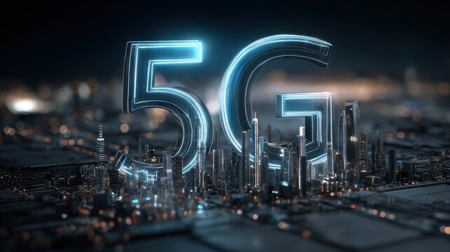 Giant blue glowing 5G sign hovers over a detailed futuristic cityscape at night