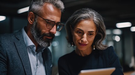 Two business professionals a man and a woman collaborating while looking at a digital tablet