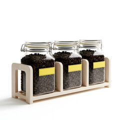 Three clear glass jars filled with dark granular ingredients in a wooden holder