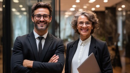 Two smiling professionals in business attire a man with crossed arms and a woman holding a laptop