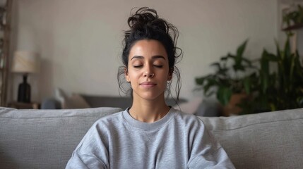 Young woman with eyes closed meditating in a comfortable living room setting with plants