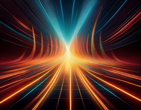 abstract light strings converging above a glowing grid on black