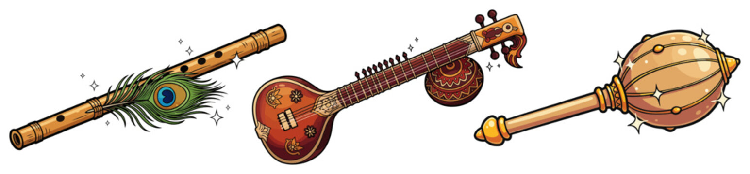 Indian cultural objects set with Bansuri flute Sitar and Gada mace vector illustration
