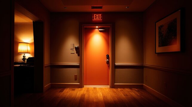 Red door with EXIT sign in studio hallway at night