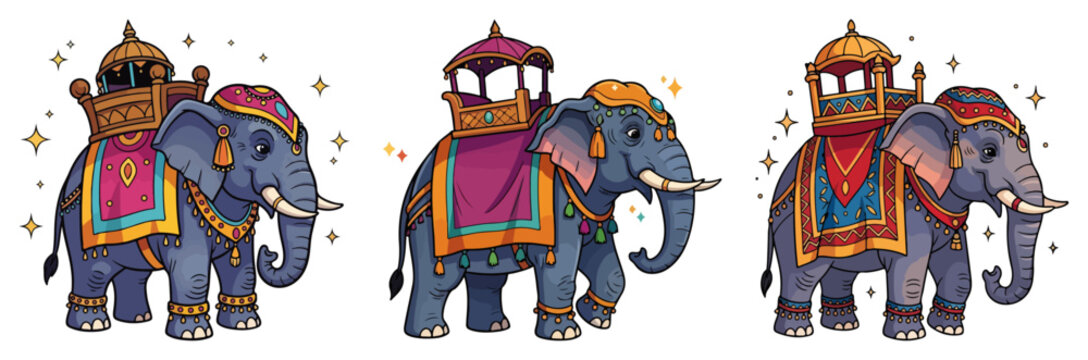 Set of three decorated Indian ceremonial elephants vector cartoon illustrations