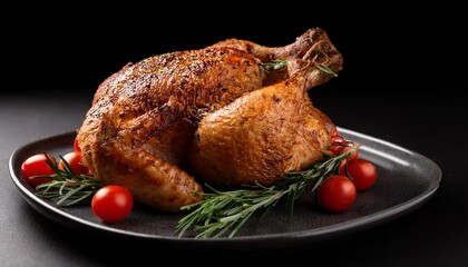 succulent roasted chicken garnished with herbs and tomatoes on a background