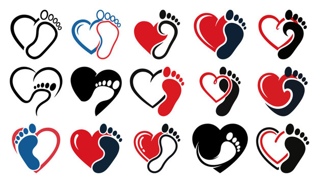 Set of Heart and Footprint Logo Icons. Vector Symbol Collection for Podiatry Baby Care or Charity Walk.