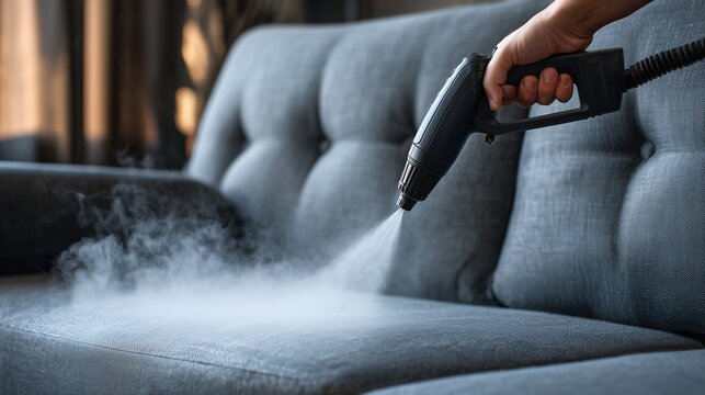 Handheld steam cleaning a tufted sofa cushion, removing dirt and sanitizing upholstery surface.