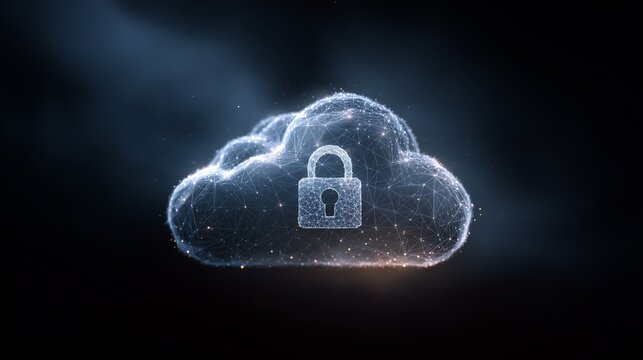 Holographic cloud with padlock icon over dark background representing zero trust secret management and secure cloud secret lifecycle.