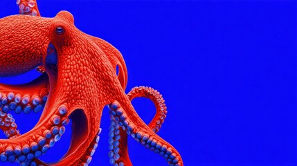 Fototapeta premium Brilliant Crimson Octopus Moving Gracefully Through the Vibrant Cobalt Blue Ocean