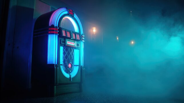 Retro jukebox with glowing neon lights in a smokey atmosphere