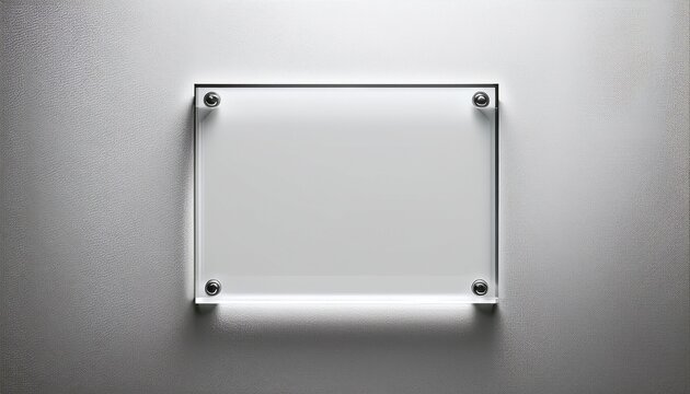 clear square acrylic sign mounted on white wall chrome studs
