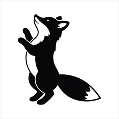 A simple black and white graphic illustration of a fox standing on its hind legs looking up