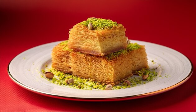 cheese kunafa topped with vibrant pistachios on a red backdrop