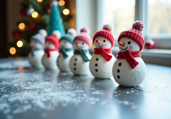 Row of adorable snowman figurines wearing knit hats and scarves on a frosty wooden table in soft natural light near holiday decorations.