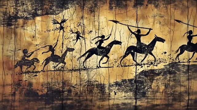 Apsara wall painting depicting a battle scene with warriors and horses. The style is reminiscent of ancient Mesoamerican art, characterized by its detailed depictions of warriors on horseback.