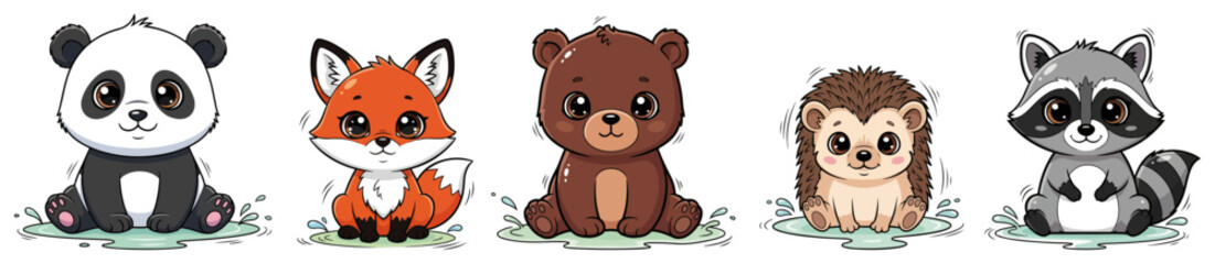 Cute Baby Forest Animals Vector Set. Cartoon Character Illustration of a Panda Fox Bear Hedgehog and Raccoon