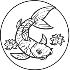 Simple koi fish and lotus flower illustration in a circle, outline drawing, graphic design isolated on white background, Vector, illustration