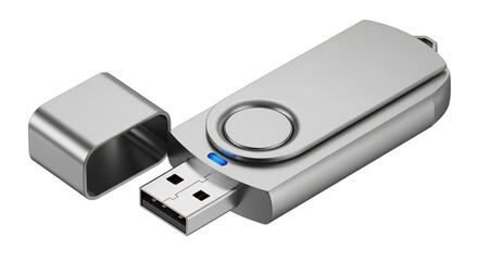 Silver usb flash drive with cap off, showing connector, isolated on white isolated on transparent background