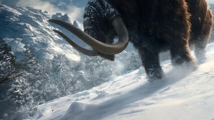 A vivid portrayal of a mammoth in a snowy landscape. The mammoth is depicted in a dynamic pose, with its tusks extended outward, suggesting movement or action.