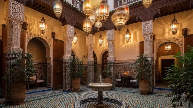 Beautiful Moroccan Courtyard with Intricate Lanterns and Plants.