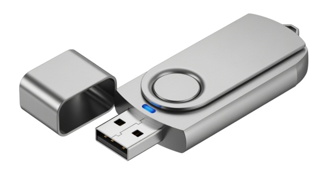 Silver usb flash drive with cap off, showing connector, isolated on white isolated on transparent background