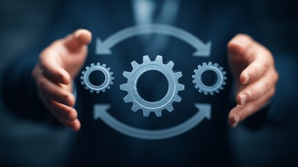 Businessperson hands presenting interlocking gear and arrow icon symbolizing change management for business, process alignment, and operational transformation.