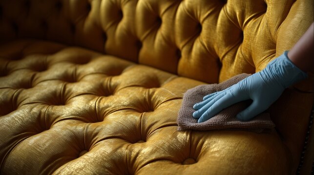 Professional commercial cleaning service polishing a tufted leather sofa with gloved hand, representing upholstery cleaning and sanitation.