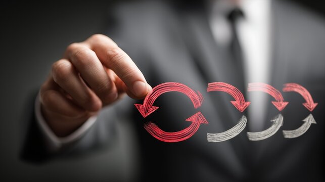 Hand of a businessperson pointing at a red circular arrow icon sequence, symbolizing change management organization, process alignment and transition leadership.
