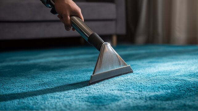 Technician using extraction wand to deep clean blue carpet in a facility setting, symbolizing professional carpet cleaning and facility maintenance service.