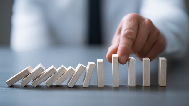 Hand stopping falling domino to represent change management process, risk mitigation, leadership intervention, and organizational transition.