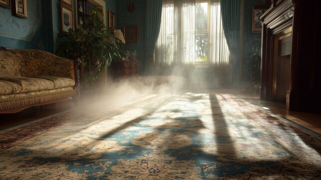 Professional carpet cleaning janitorial service restoring ornate rug in elegant living room, emphasizes deep-clean, stain removal, and maintenance for high-end interior.