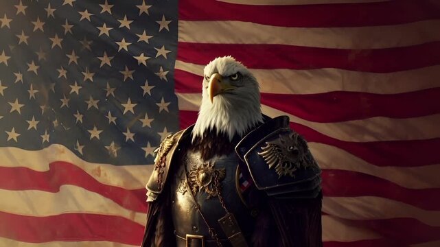 A vivid portrayal of a bald eagle in ornate armor, set against the backdrop of the American flag.