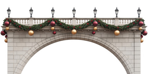 Stone Archway with Christmas Garland and Ornaments isolated on a transparent background