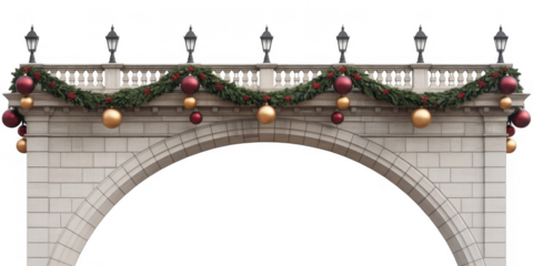 Stone Archway with Christmas Garland and Ornaments isolated on a transparent background