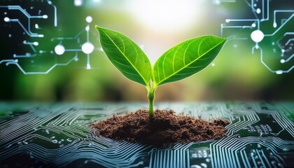 a green plant sprouts from the soil seamlessly merging with circuit board patterns representing the connection between nature and technology in a vision of sustainable digital innovation
