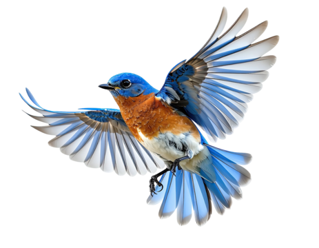 A vibrant bluebird in mid-flight, showcasing its outstretched wings against black