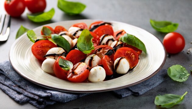 fresh caprese salad featuring cherry tomatoes small mozzarella balls basil leaves and a drizzle of balsamic reduction - Powered by Adobe