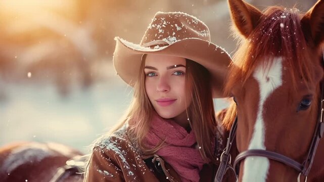 A woman in a cowboy hat and scarf stands amidst a snowy landscape, with a horse by her side. The womans face is partially obscured by the snowflakes.