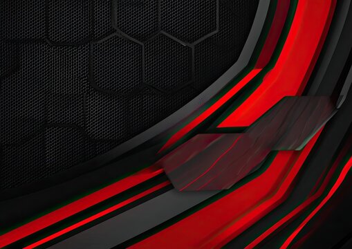 Abstract geometric design with black mesh, red curves, and gray lines - Powered by Adobe